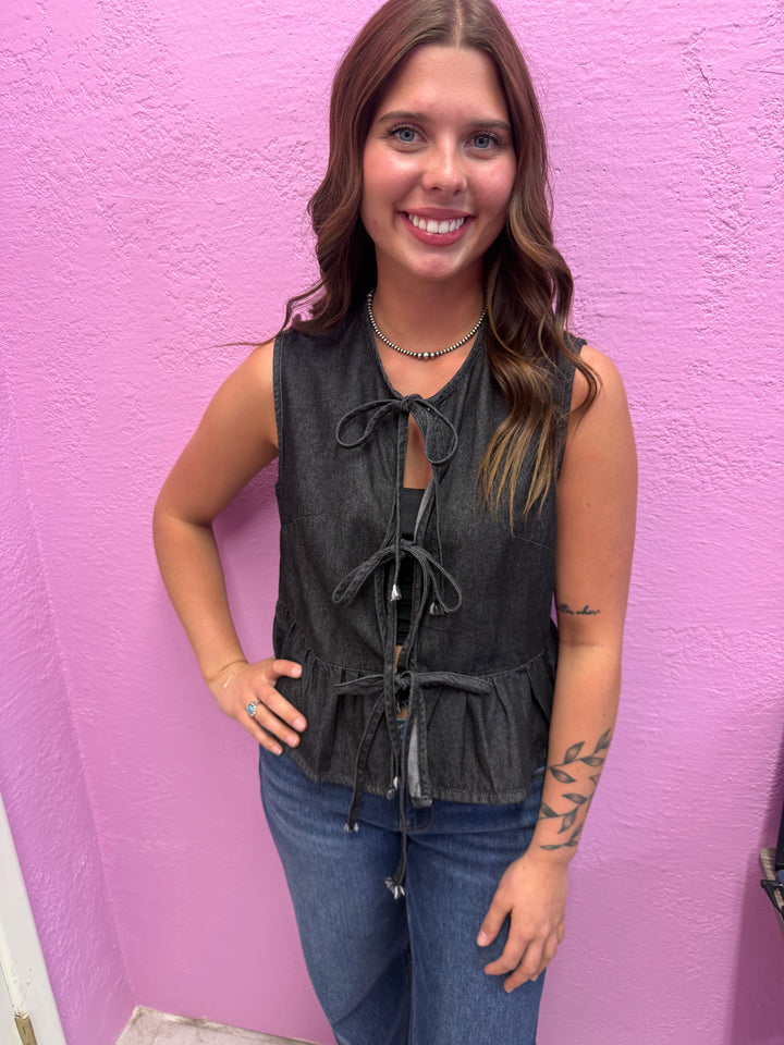 Black Denim Bow Tie Vest