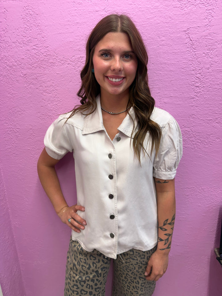 L&B Ivory Denim Button Down Puff Sleeve Top