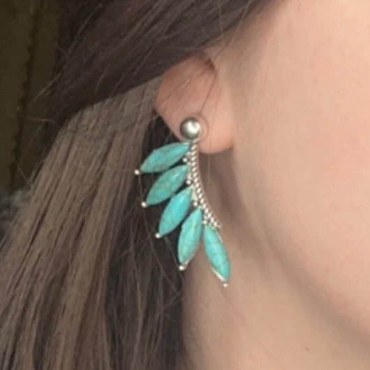 Flap your wings and take flight with these stunning, wing-shaped earrings! Crafted with five gorgeous turquoise stones, you'll fly high with their unique, eye-catching style. A little bit of glam, and a lot of turquoise beauty - what's not to love?  length: 1.75"