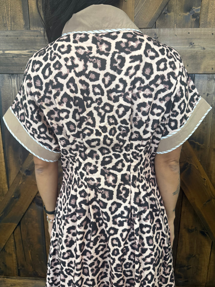 Leopard Button Up Midi Dress w/ Collar