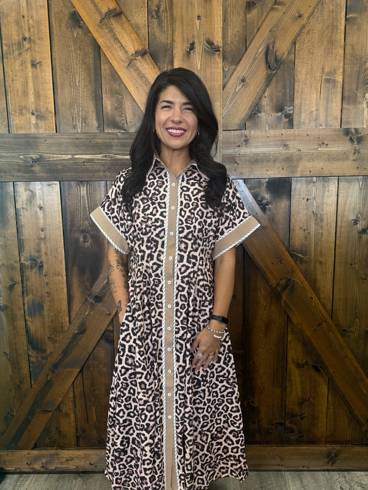 Leopard Button Up Midi Dress w/ Collar