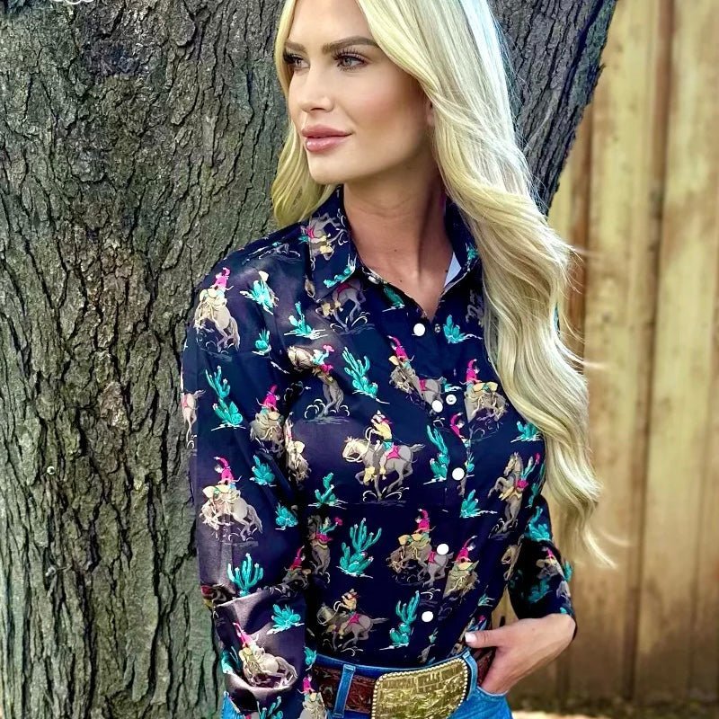 Dress like a wild west outlaw in our Western Grit Top! This stylish black button up features an old western pattern - perfect for when you want to make a bold statement without raising a ruckus. Yee-haw!  95% Polyester 5% spandex