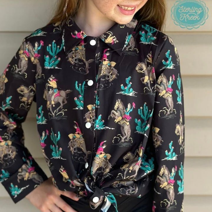 Keep 'em looking all kinds of wild with the Western Grit Top Kids! This black button-up top features an eye-catching old-west pattern, perfect for that fashionable outlaw look. Badges? Not required. Yeehaw!  95% polyester 5% spandex
