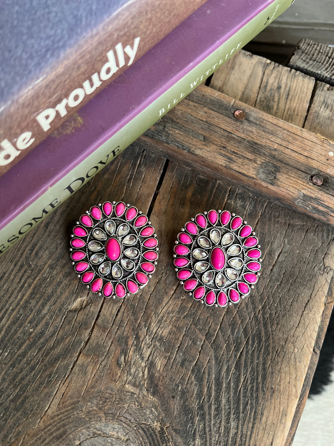 Large Pink And Rhinestone Cluster Post Earring