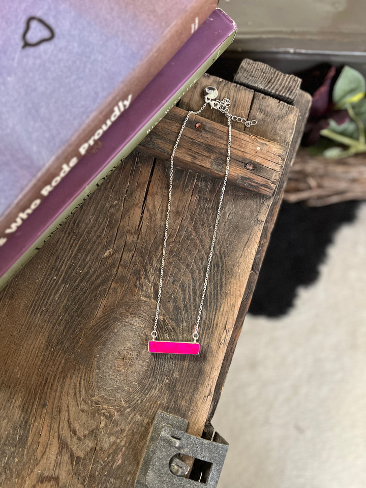 Dainty Silver Necklace With Pink Colored Bar