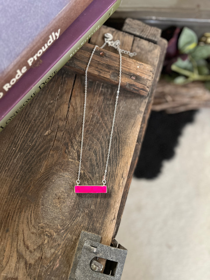 Dainty Silver Necklace With Pink Colored Bar