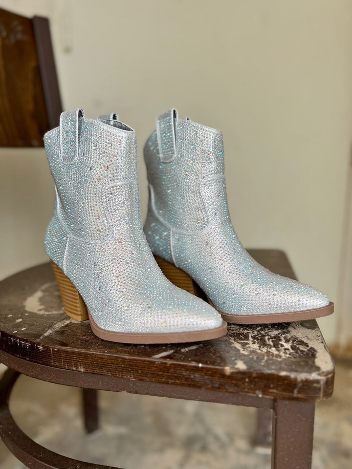 Tres' Rivers Silver Rhinestone Booties* | gussieduponline