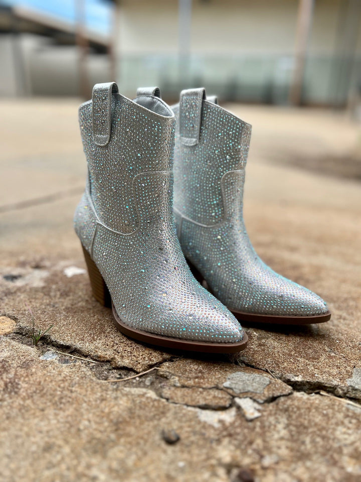 Tres' Rivers Silver Rhinestone Booties* | gussieduponline