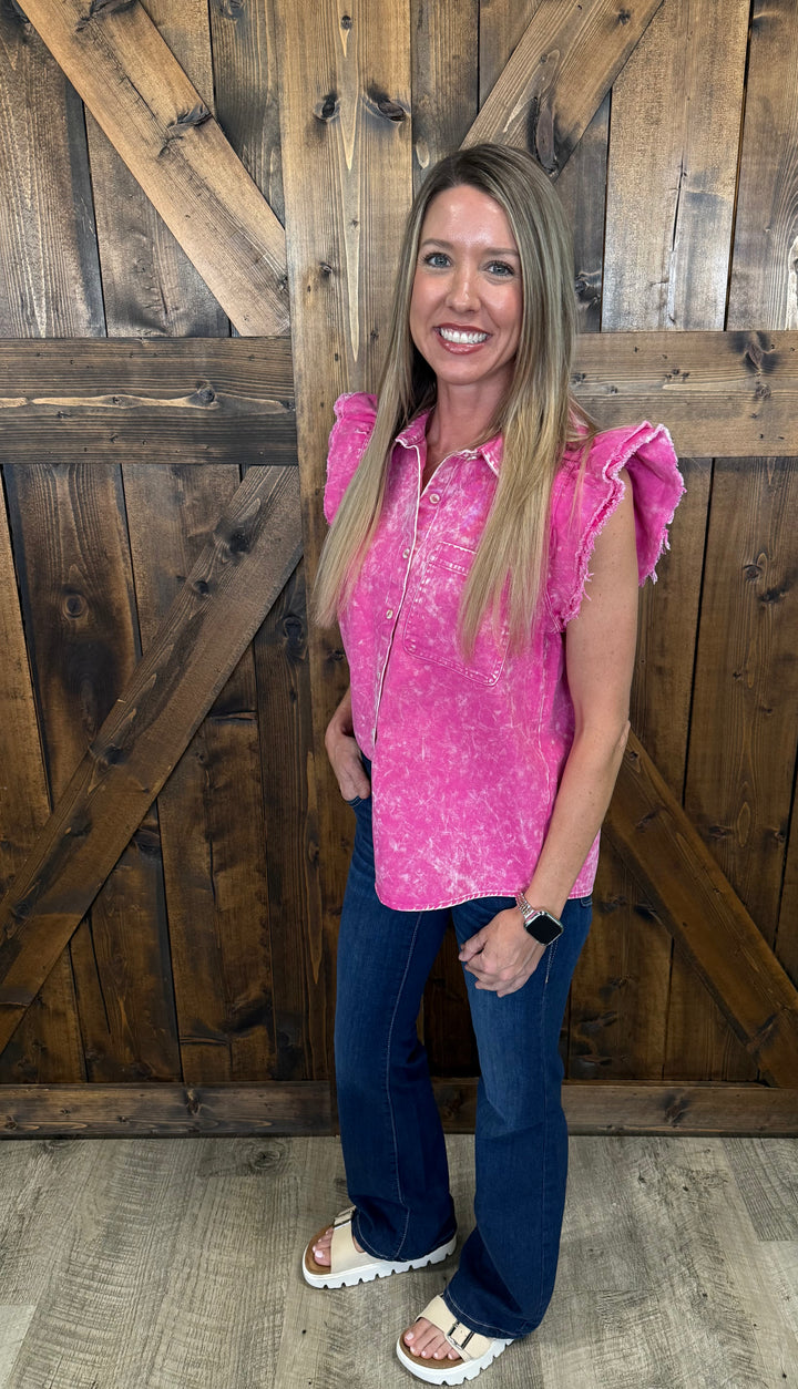 Mineral Washed Frayed Flutter Sleeve Buttoned UpTop - 3 Colors