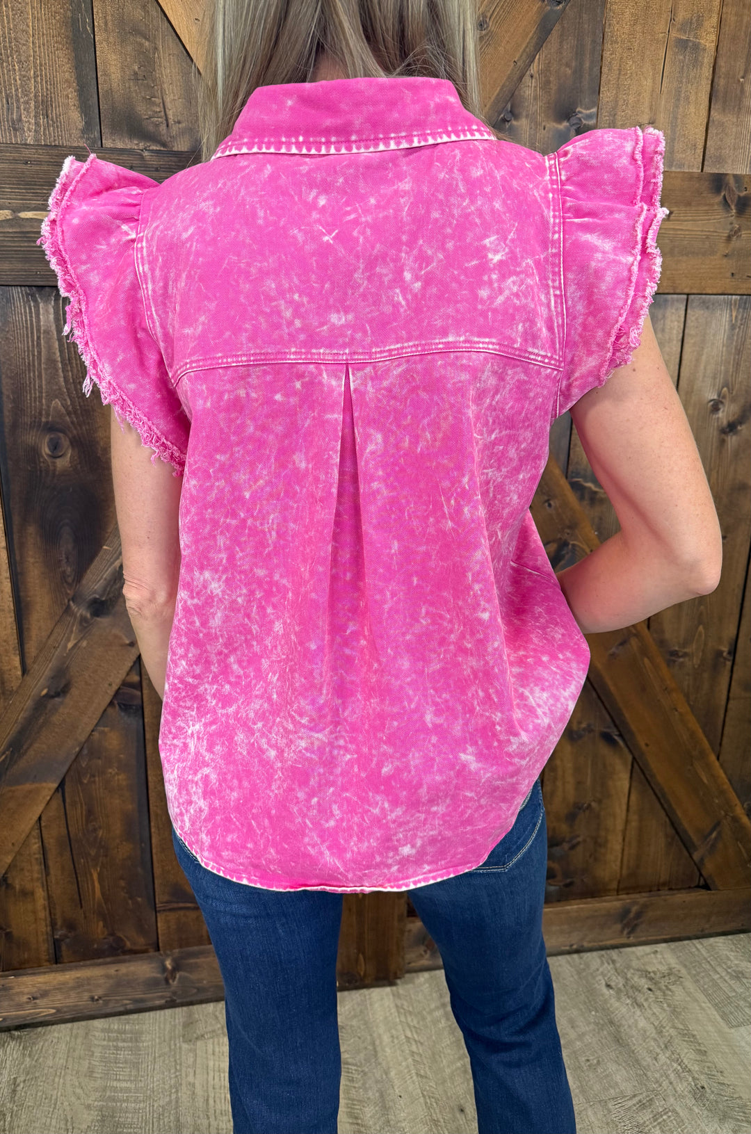 Mineral Washed Frayed Flutter Sleeve Buttoned UpTop - 3 Colors