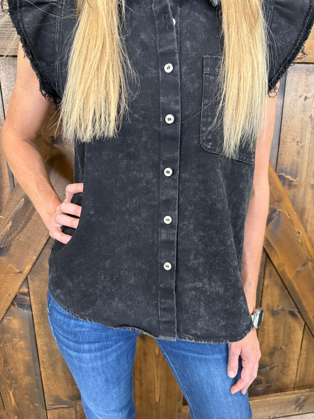 Mineral Washed Frayed Flutter Sleeve Buttoned UpTop - 3 Colors