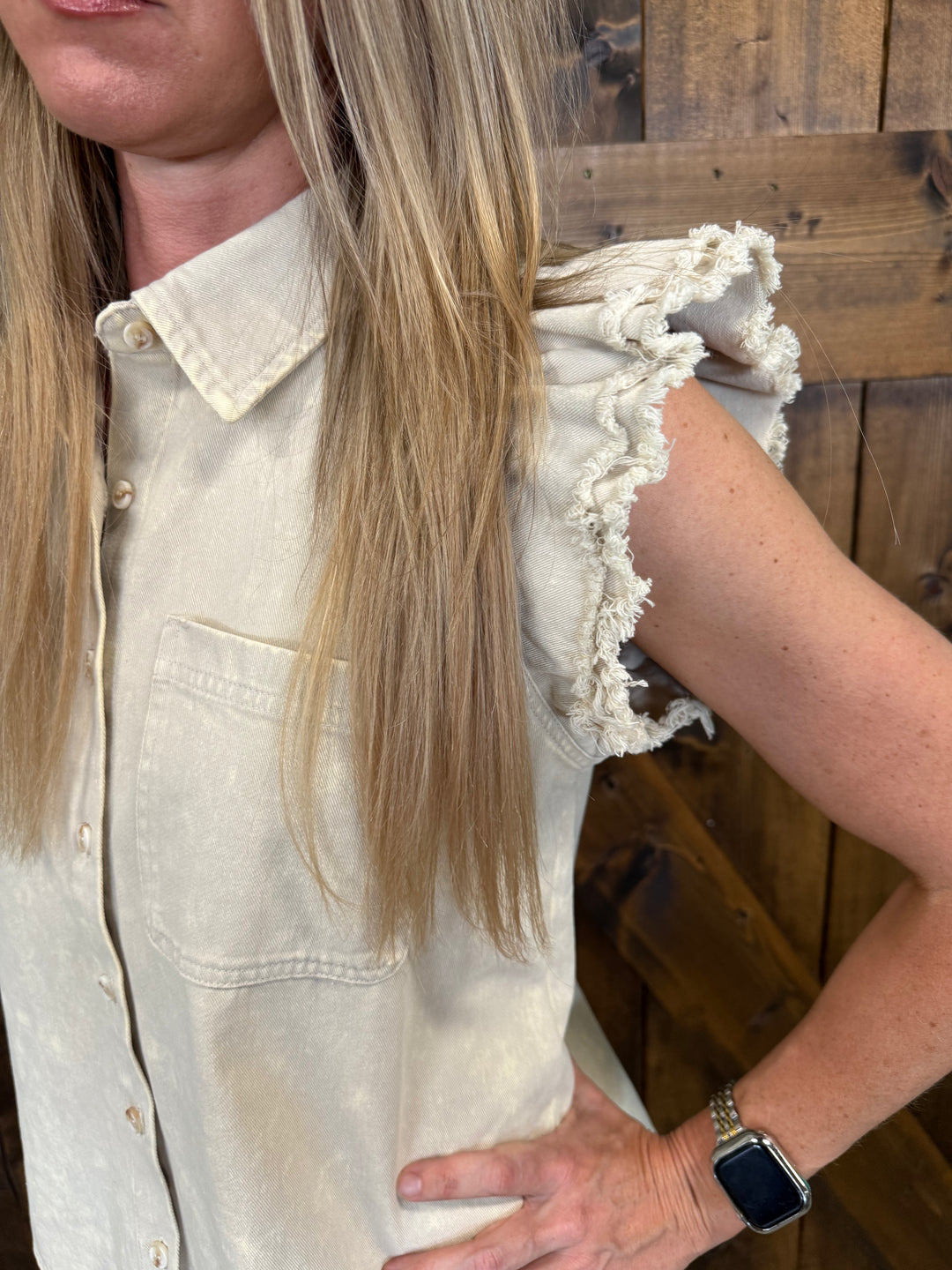 Mineral Washed Frayed Flutter Sleeve Buttoned UpTop - 3 Colors