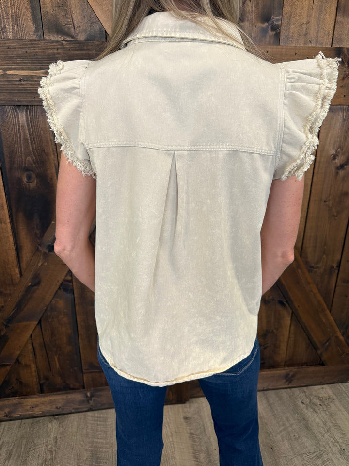 Mineral Washed Frayed Flutter Sleeve Buttoned UpTop - 3 Colors