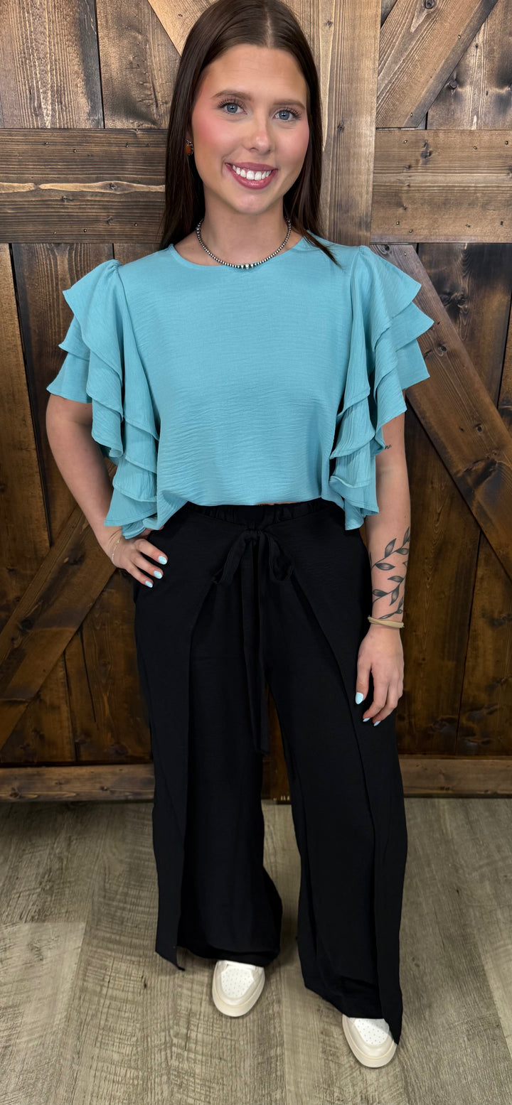 Black Crinkle Wide Leg Palazzo Pants