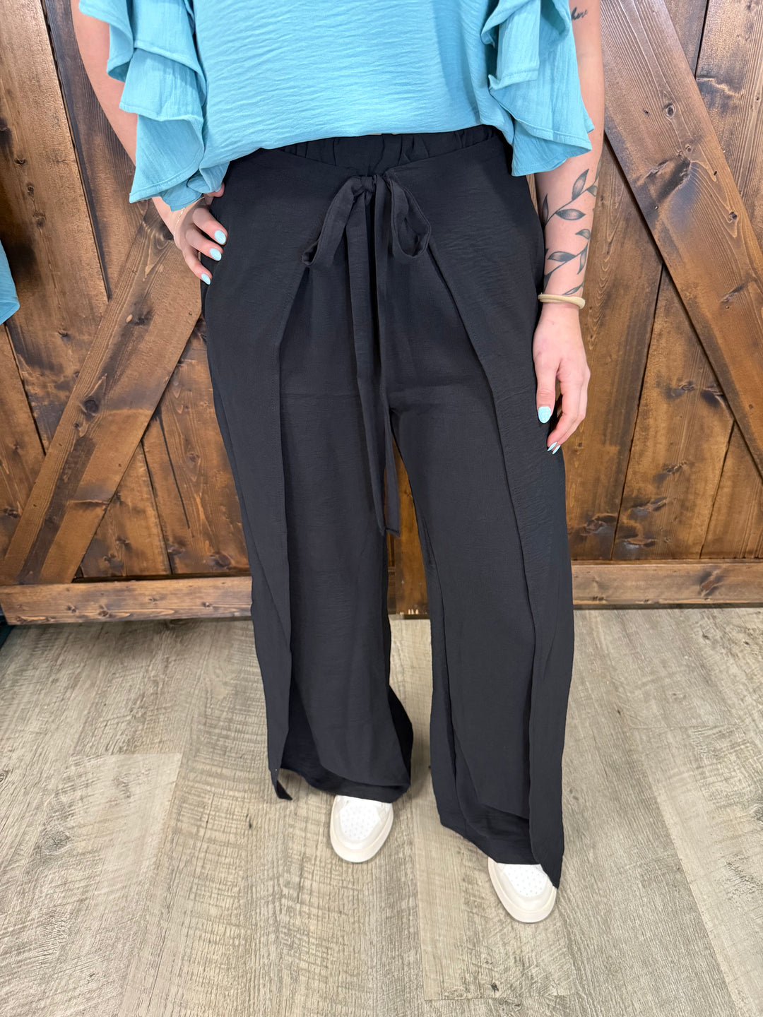 Black Crinkle Wide Leg Palazzo Pants