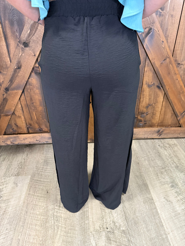 Black Crinkle Wide Leg Palazzo Pants