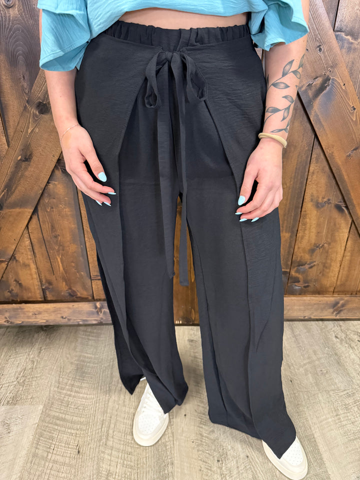 Black Crinkle Wide Leg Palazzo Pants