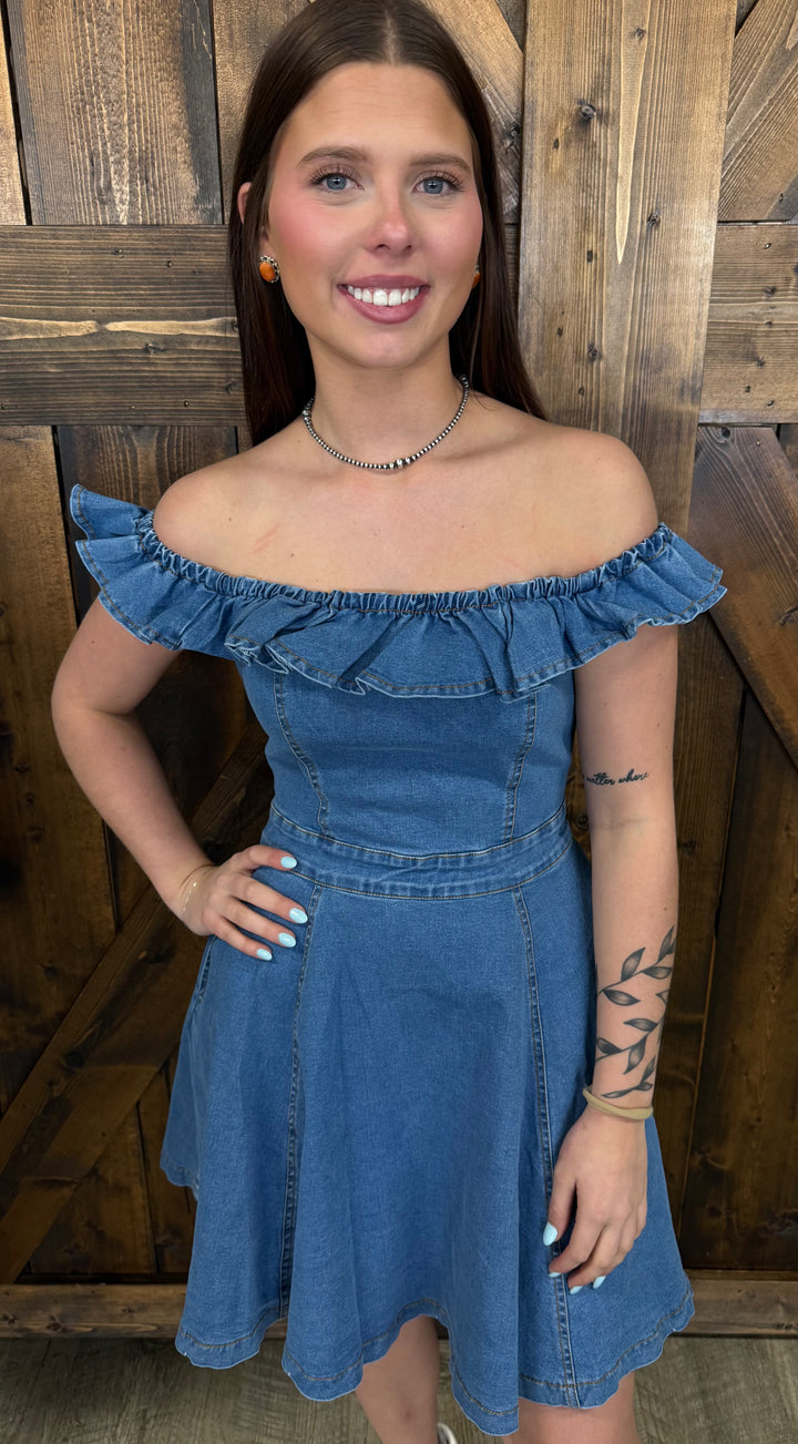 L&B Denim Off Shoulder Ruffle Dress