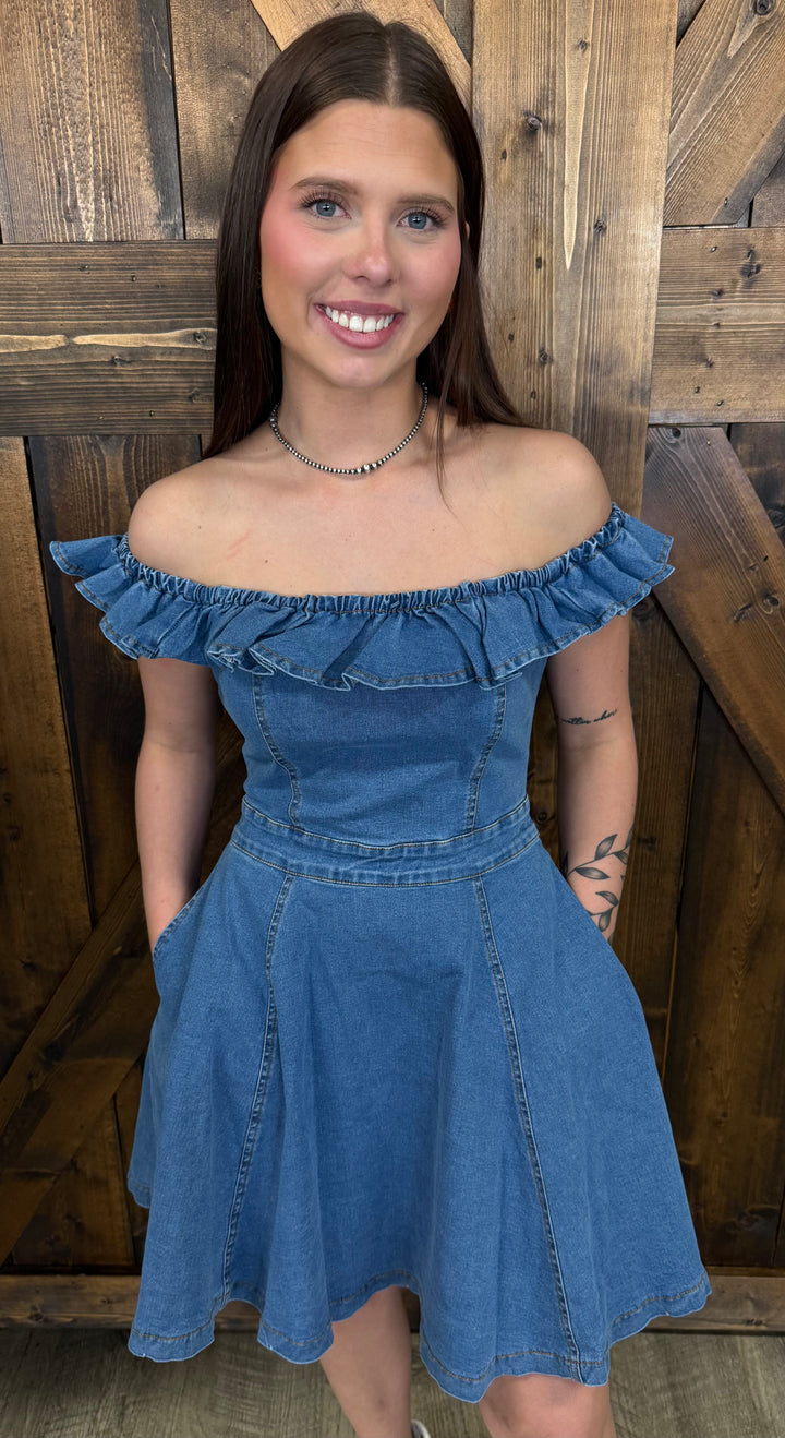 L&B Denim Off Shoulder Ruffle Dress I Gussied Up Online Boutique Large