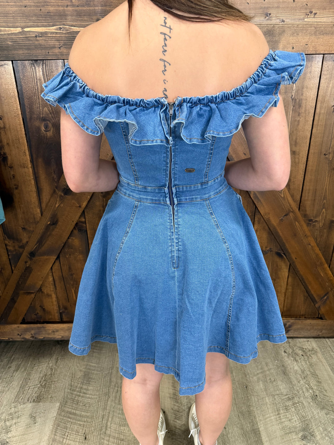 denim off the shoulder dress L&B Ruffle I Gussied Up Online Boutique Large Off Shoulder Denim Mini Dress