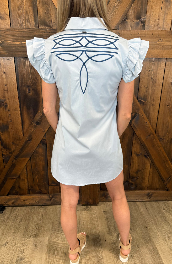 L&B Light Blue Ruffle Sleeve Boot Stitch Embroidered Collared Button Down Dress