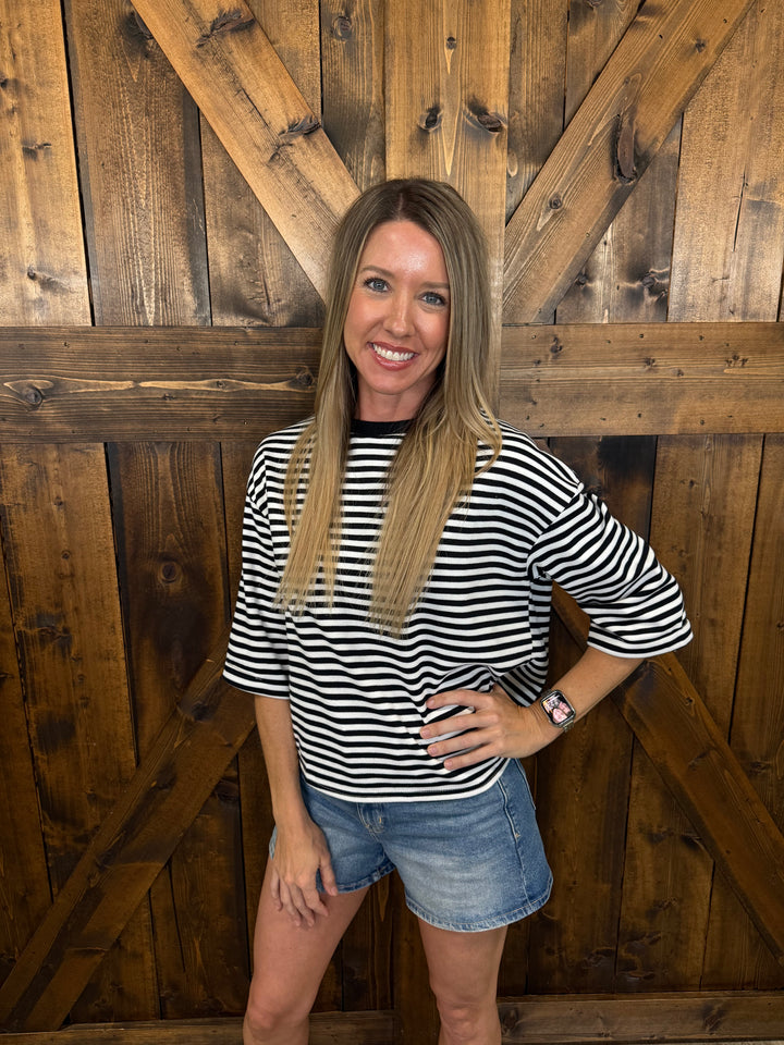 Black Round Neck Striped Back Bow Tie Top