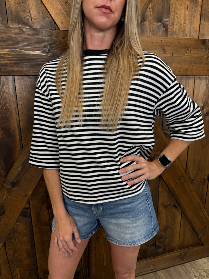 Black Round Neck Striped Back Bow Tie Top