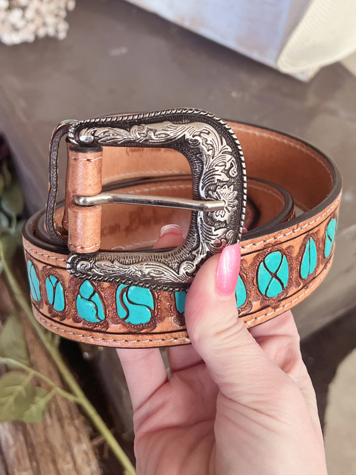 American Darling Hand Painted Turquoise Stones Leather Belt