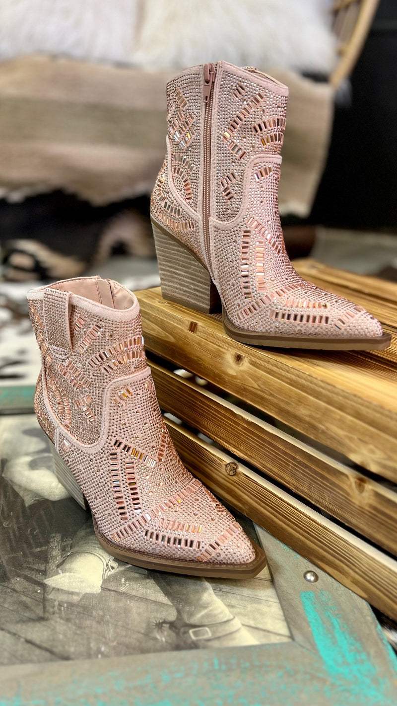 The Rose Gold Maze of Life Booties are your shortcut to style! With a 3" heel, pointed toe and rose gold rhinestone maze design details, you'll strut in confidence and find your way through life with ease. Plus, the inside zipper means you won't find yourself endlessly searching for a way out. Look great, feel great!