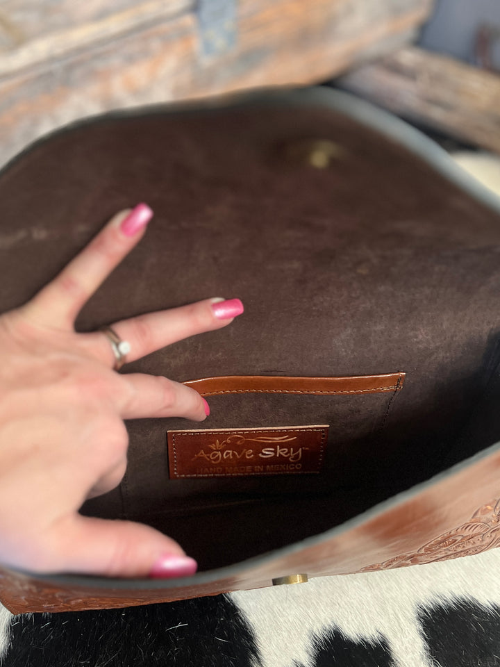 Agave Sky Light Brown Hand Tooled Lather Crossbody