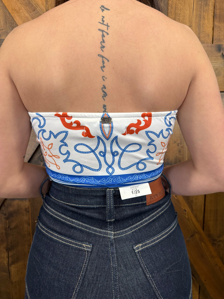 L&B Ivory& Blue Boot Stitch Bandana Corset Top