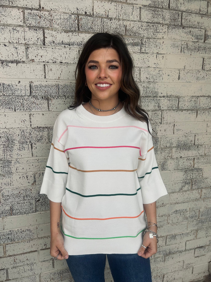 White Striped Half Sleeve Drop Shoulder Sweater Top*