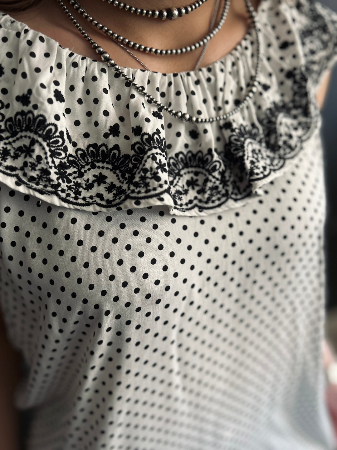 Ivory & Black Dot Embroidered Floral Ruffle Top*