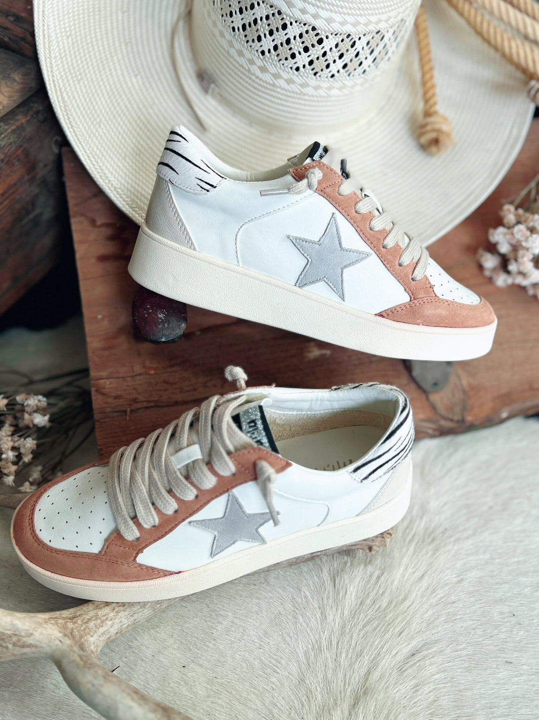 Juniper Taupe Stripe Star Sneakers | gussieduponline