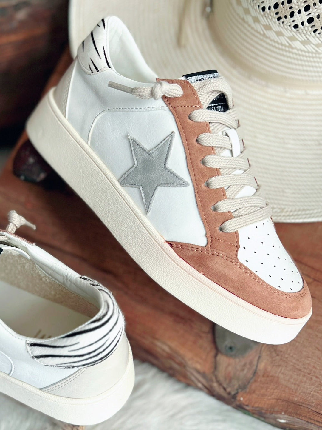 Juniper Taupe Stripe Star Sneakers | gussieduponline