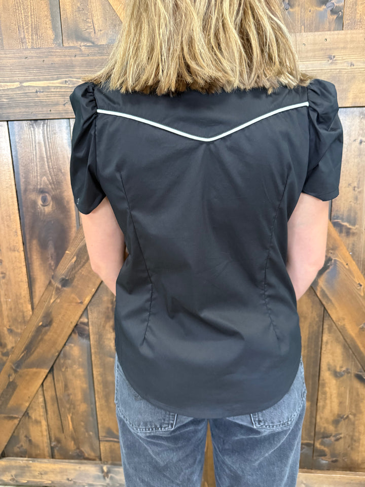 L&B Black Contrast Arrow Pearl Snap Puff Sleeve Top