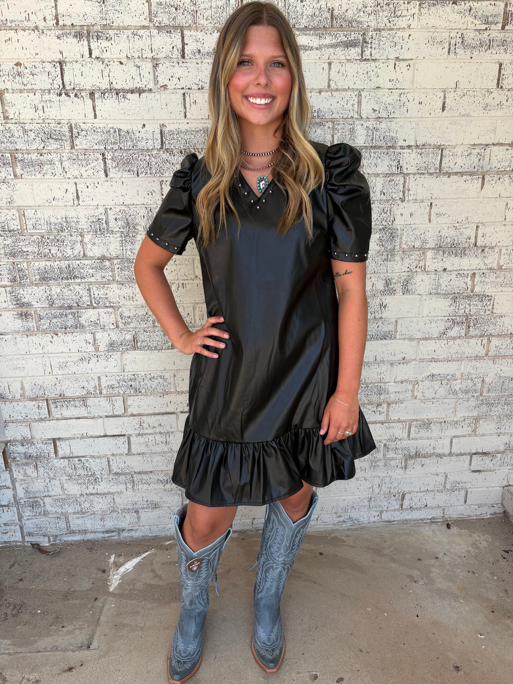 L&B Black Stretch Faux Leather Bubble Sleeve Studded Dress