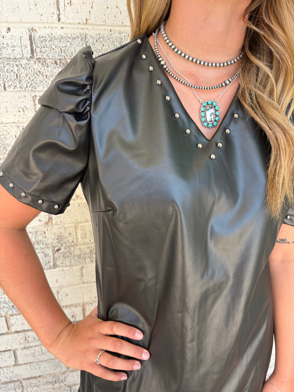 L&B Black Stretch Faux Leather Bubble Sleeve Studded Dress