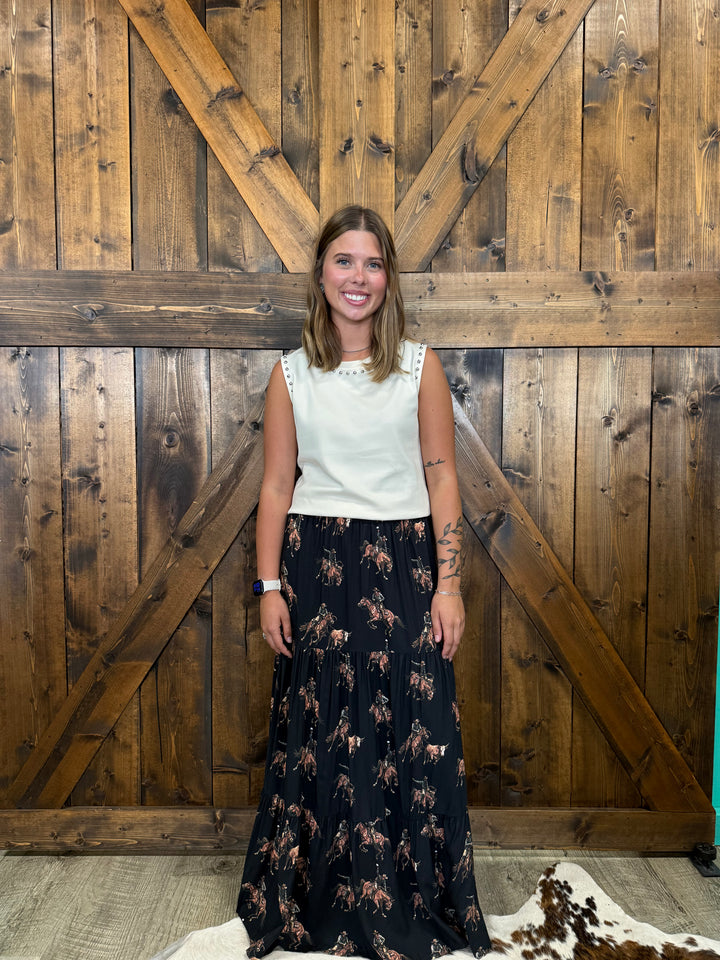 L&B Black Western Kicking Horse Ruffle Tier Skirt