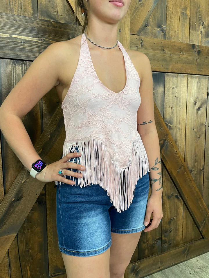 L&B Lace Fringe Hem Halter Top
