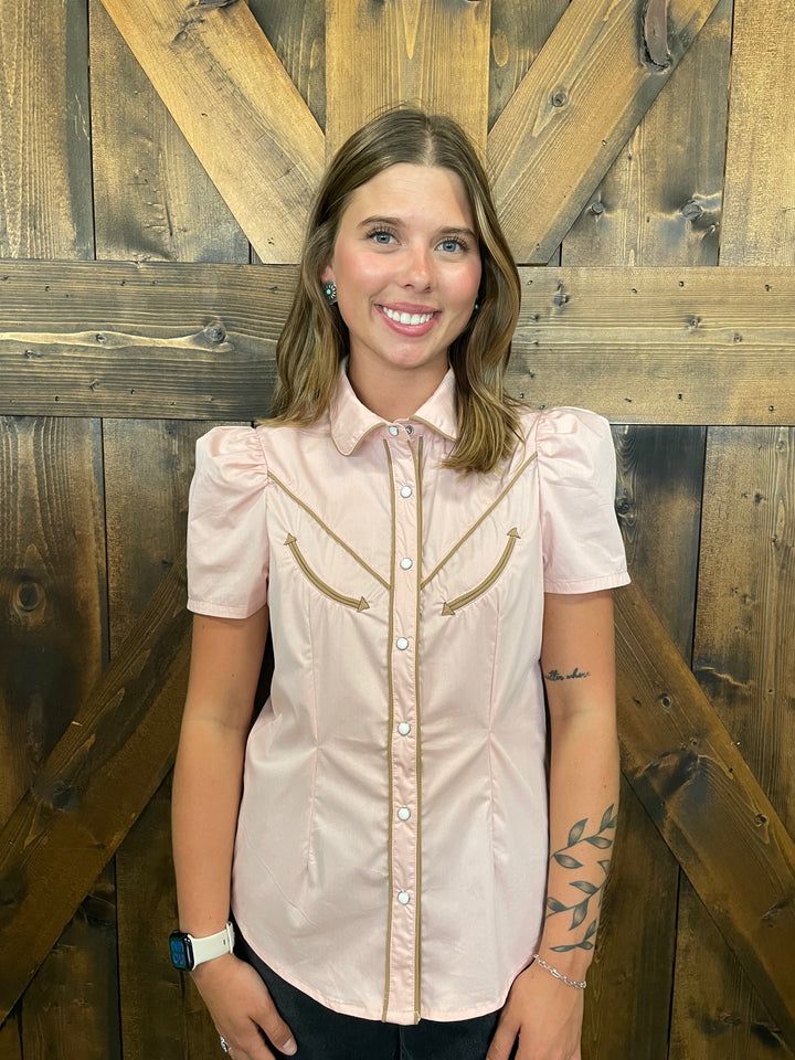 L&B Pink Contrast Arrow Pearl Snap Puff Sleeve Top