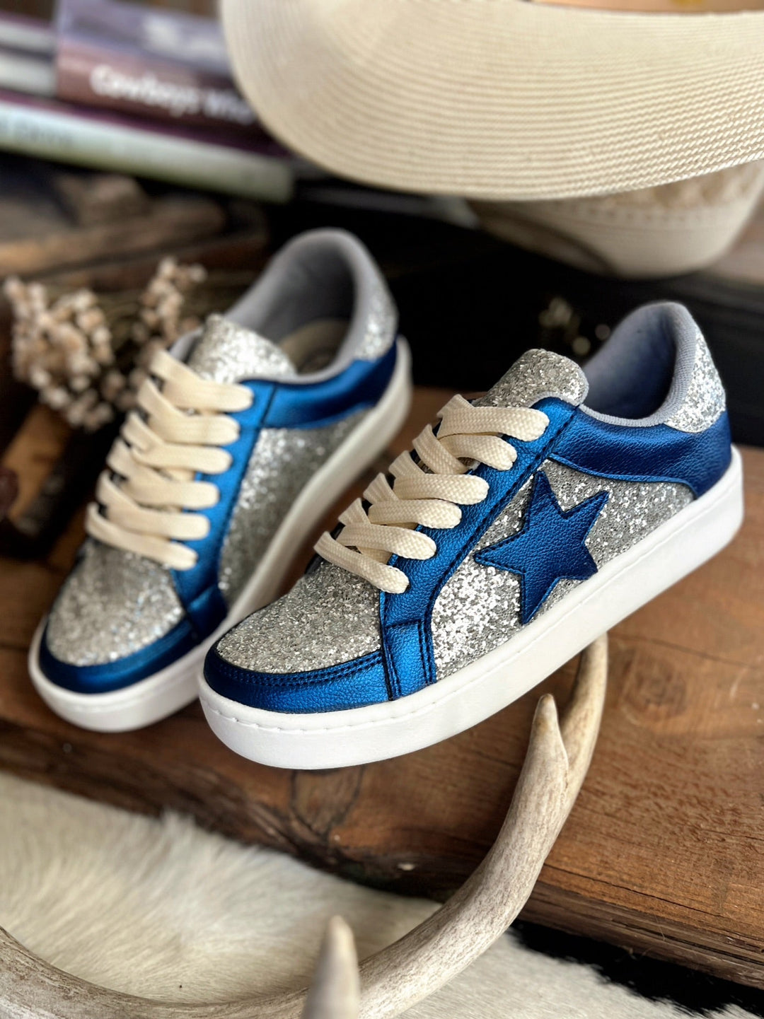 Metallic Blue And Silver Glitter Sneakers | gussieduponline