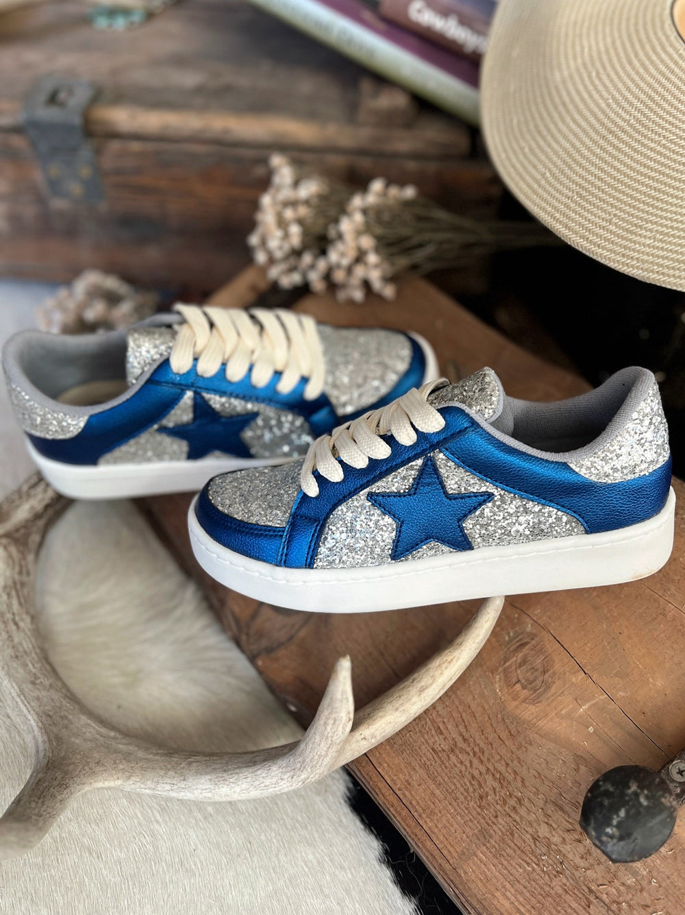 Metallic Blue And Silver Glitter Sneakers | gussieduponline