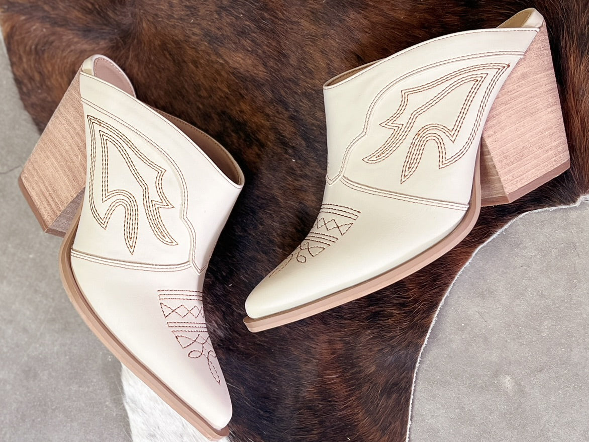 Miim Bree Ivory Western Style Boot Stitch Mule | Gussied Up Online