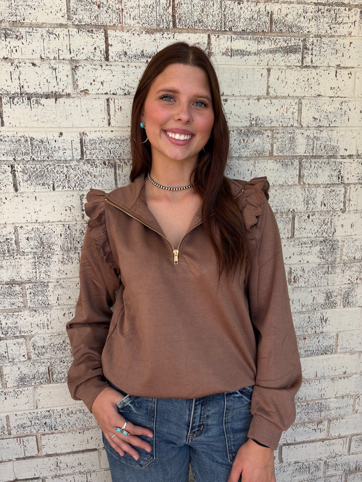 Mocha Ruffle Sleeve Pullover