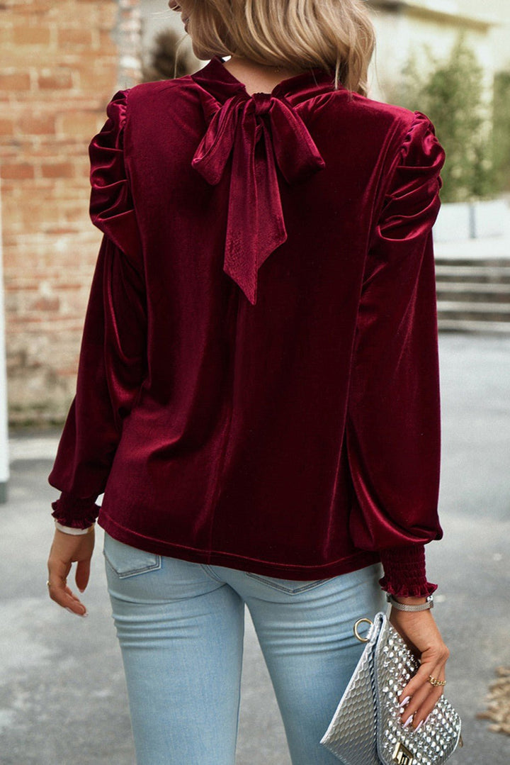 Mock Neck Puff Sleeve Velvet Blouse 2 Colors*
