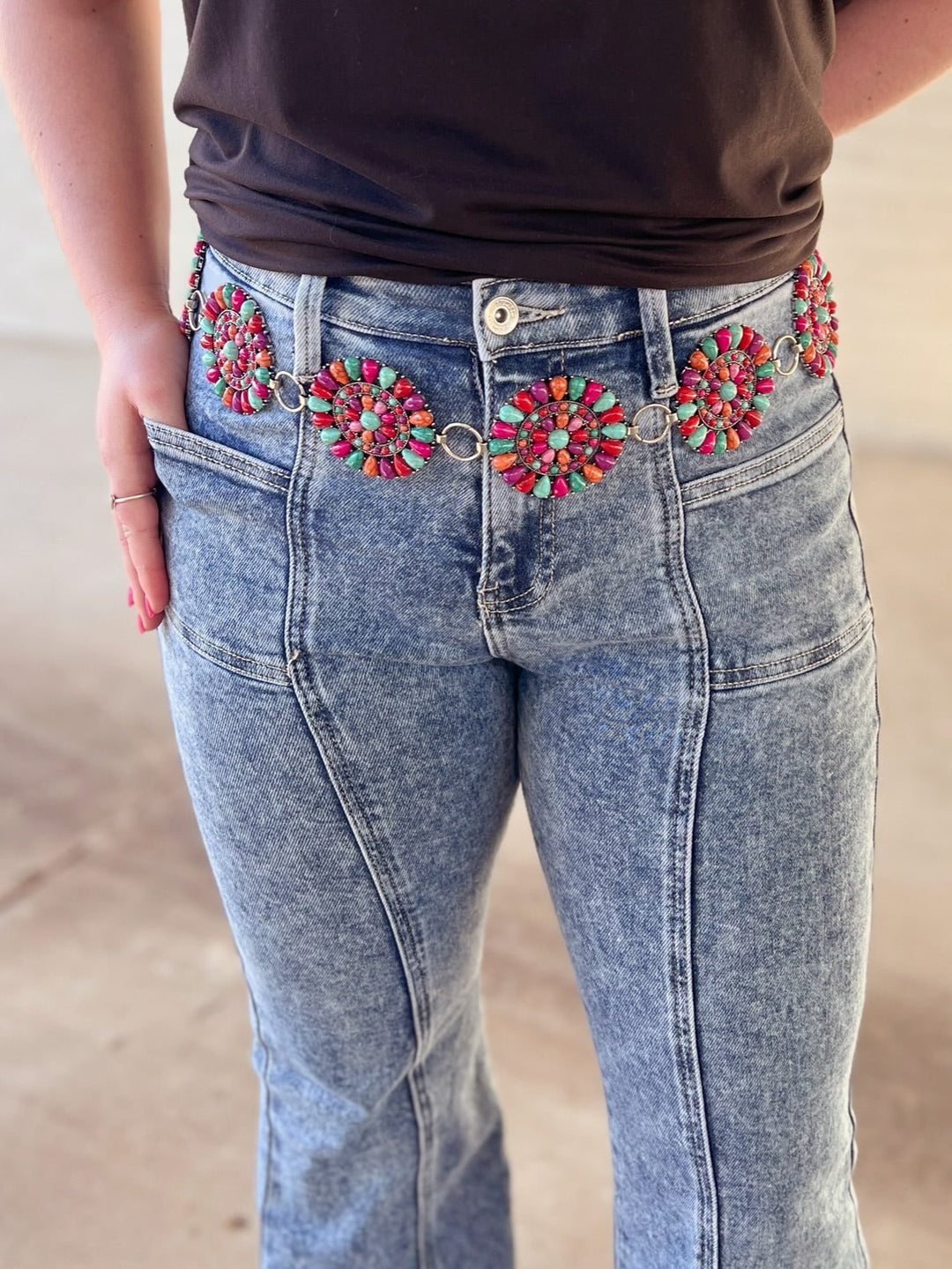 Multi Colored Stone Concho Chain Link Belt | gussieduponline