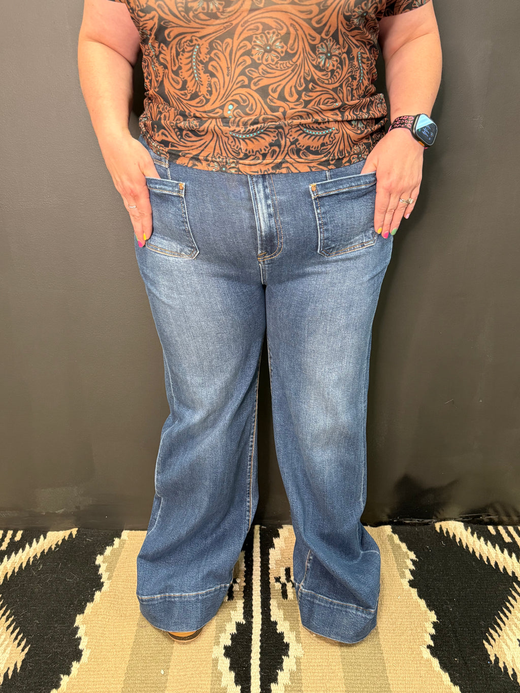 PLUS High Rise Wide Flare Patch Pocket Jeans