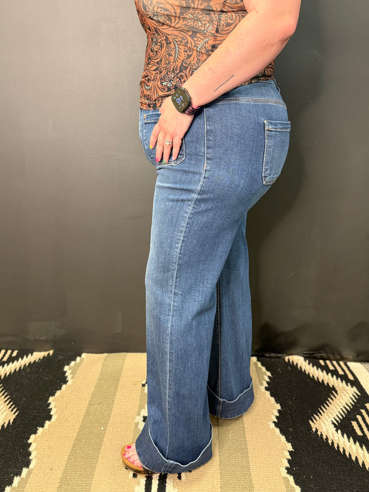 PLUS High Rise Wide Flare Patch Pocket Jeans