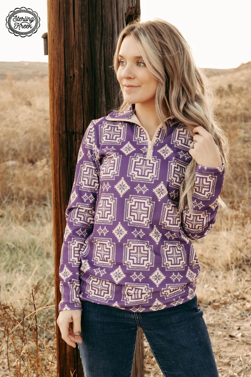 Stay cozy and chic with this Down In The Valley Pullover! Not only is it as soft as a cloud, but it also features a bold cream aztec print, sealed with a quarter zip, for a style that is sure to turn heads! Time to Go West. ;)  32% Cotton, 56% Rayon, 12% Spandex